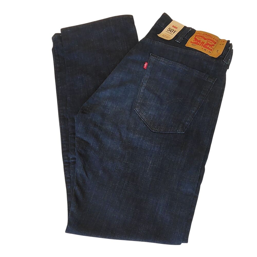 Levi's 501 38x34 Men's Dark Wash Stretch Straight Leg Button Fly Jeans Irregular - Picture 3 of 8